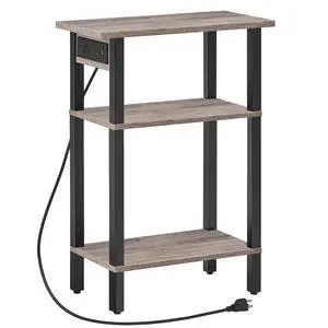 Narrow Side Table, 3-Tier Slim End Table with Charging Station, Skinny Nightstand with Open Storage, for Small Spaces, Living Room, Bedroom, Study, Rustic Brown and Black BG340UBZ01 Narrow Side Table, 3-Tier Slim End Table with Charging Station, Skinny Nightstand with Open Storage, for Small Spaces, Living Room, Bedroom, Study, Rustic Brown and Black BG340UBZ01