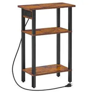 Narrow Side Table, 3-Tier Slim End Table with Charging Station, Skinny Nightstand with Open Storage, for Small Spaces, Living Room, Bedroom, Study, Rustic Brown and Black BF340UBZ01 Narrow Side Table, 3-Tier Slim End Table with Charging Station, Skinny Nightstand with Open Storage, for Small Spaces, Living Room, Bedroom, Study, Rustic Brown and Black BF340UBZ01