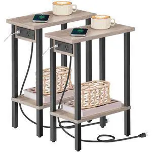 Narrow Side Tables, Set of 2, 2-Tier Slim End Tables with Charging Station, Skinny Nightstands with Open Storage, for Small Spaces, Living Room, Bedroom, Study,Greige and Black BG240UBZP201 Narrow Side Tables, Set of 2, 2-Tier Slim End Tables with Charging Station, Skinny Nightstands with Open Storage, for Small Spaces, Living Room, Bedroom, Study,Greige and Black BG240UBZP201