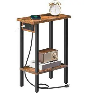 Narrow Side Table, 2-Tier Slim End Table with Charging Station, Skinny Nightstand with Open Storage, for Small Spaces, Living Room, Bedroom, Study, Rustic Brown and Black BF240UBZ01 Narrow Side Table, 2-Tier Slim End Table with Charging Station, Skinny Nightstand with Open Storage, for Small Spaces, Living Room, Bedroom, Study, Rustic Brown and Black BF240UBZ01