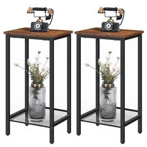 Tall Side Tables, Set of 2, Industrial End Telephone Tables with Adjustable Mesh Shelves, Small Tall Nightstands for Living Room, Bedroom, Entryway, Office, Rustic Brown and Black BF03DHP201 Tall Side Tables, Set of 2, Industrial End Telephone Tables with Adjustable Mesh Shelves, Small Tall Nightstands for Living Room, Bedroom, Entryway, Office, Rustic Brown and Black BF03DHP201