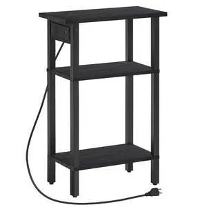 Narrow Side Table, 3-Tier Slim End Table with Charging Station, Skinny Nightstand with Open Storage, for Small Spaces, Living Room, Bedroom, Study, Rustic Brown and Black BB340UBZ01 Narrow Side Table, 3-Tier Slim End Table with Charging Station, Skinny Nightstand with Open Storage, for Small Spaces, Living Room, Bedroom, Study, Rustic Brown and Black BB340UBZ01