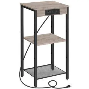 Tall End Table with Charging Station, 30 Inch Slim Tall Nightstand, 3-Tier Narrow Side Table with Adjustable Shelf, for Living Room, Bedroom, Small Space, Hallway, Greige BG09UDH01G1 Tall End Table with Charging Station, 30 Inch Slim Tall Nightstand, 3-Tier Narrow Side Table with Adjustable Shelf, for Living Room, Bedroom, Small Space, Hallway, Greige BG09UDH01G1