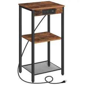 Tall End Table with Charging Station, 30 Inch Slim Tall Nightstand, 3-Tier Narrow Side Table with Adjustable Shelf, for Living Room, Bedroom, Small Space, Hallway, Rustic Brown BF09UDH01G1 Tall End Table with Charging Station, 30 Inch Slim Tall Nightstand, 3-Tier Narrow Side Table with Adjustable Shelf, for Living Room, Bedroom, Small Space, Hallway, Rustic Brown BF09UDH01G1