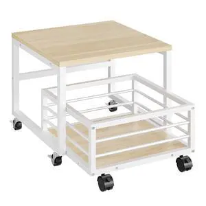 End Table, Mini Fridge Stand with Storage, Mini Fridge Table with Wheels and Adjustable Feet, Sturdy Metal Frame, for Living Room, Bedroom, Office, White and Natural WN155TL01 End Table, Mini Fridge Stand with Storage, Mini Fridge Table with Wheels and Adjustable Feet, Sturdy Metal Frame, for Living Room, Bedroom, Office, White and Natural WN155TL01