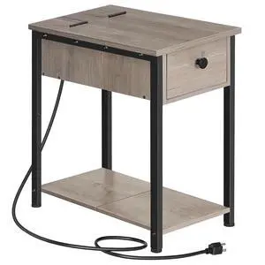 End Table with Charging Station, Narrow Side Table, Small Nightstand, Bedside Tables with Drawer and Storage Shelves, for Small Spaces, Living Room, Bedroom, Greige and Black BG041BZ01G1 End Table with Charging Station, Narrow Side Table, Small Nightstand, Bedside Tables with Drawer and Storage Shelves, for Small Spaces, Living Room, Bedroom, Greige and Black BG041BZ01G1