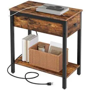 End Table with Charging Station, Narrow Side Table, Small Nightstand, Bedside Tables with Drawer and Storage Shelves, for Small Spaces, Living Room, Bedroom, Rustic Brown and Black BF041BZ01G1 End Table with Charging Station, Narrow Side Table, Small Nightstand, Bedside Tables with Drawer and Storage Shelves, for Small Spaces, Living Room, Bedroom, Rustic Brown and Black BF041BZ01G1