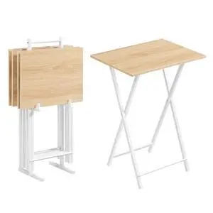 Folding TV Tray Tables, Set of 4 TV Trays with Storage Rack, Industrial Side Table for Eating at Couch, Foldable Snack Table for Small Space, Easy Assembly, Natural and White, WN50BZ01 Folding TV Tray Tables, Set of 4 TV Trays with Storage Rack, Industrial Side Table for Eating at Couch, Foldable Snack Table for Small Space, Easy Assembly, Natural and White, WN50BZ01
