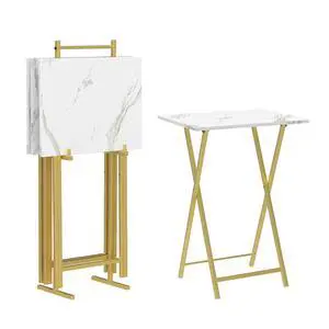 Folding TV Tray Tables, Set of 4 TV Trays with Storage Rack, Industrial Side Table for Eating at Couch, Foldable Snack Table for Small Space, Easy Assembly, Marble and Gold DM50BZ01 Folding TV Tray Tables, Set of 4 TV Trays with Storage Rack, Industrial Side Table for Eating at Couch, Foldable Snack Table for Small Space, Easy Assembly, Marble and Gold DM50BZ01