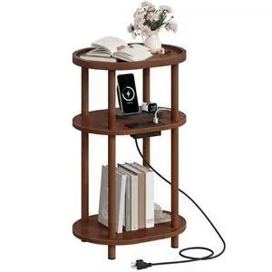 Small Side Table with Charging Station, 3-Tier Oval Bamboo End Table, Accent Table, Compact Sofa Bedside Table for Small Space, for Living Room, Bedroom, Apartment, Mocha MA177UBZ01 Small Side Table with Charging Station, 3-Tier Oval Bamboo End Table, Accent Table, Compact Sofa Bedside Table for Small Space, for Living Room, Bedroom, Apartment, Mocha MA177UBZ01