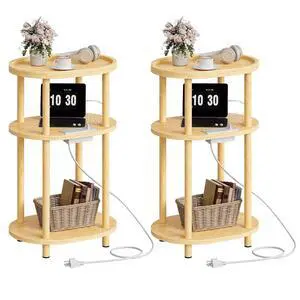 Small Side Table with Charging Station, 3-Tier Oval Bamboo End Table, Accent Table, Compact Sofa Bedside Table for Small Space, for Living Room, Bedroom, Apartment, Natural YL177UBZP201 Small Side Table with Charging Station, 3-Tier Oval Bamboo End Table, Accent Table, Compact Sofa Bedside Table for Small Space, for Living Room, Bedroom, Apartment, Natural YL177UBZP201