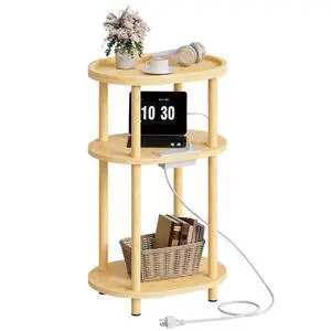 Small Side Table with Charging Station, Small End Table, 3-Tier Oval Bamboo Accent Table, Compact Sofa Bedside Table, for Living Room, Bedroom, Apartment, Natural YL177UBZ01 Small Side Table with Charging Station, Small End Table, 3-Tier Oval Bamboo Accent Table, Compact Sofa Bedside Table, for Living Room, Bedroom, Apartment, Natural YL177UBZ01