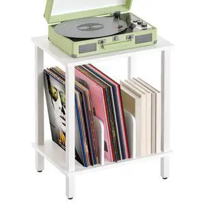Small End Table, 2-Tier Record Player Stand Vinyl Record Turntable Stand with Storage up to 100 Albums, Small Side Table for Living Room, Bedroom White, WT05RS01 Small End Table, 2-Tier Record Player Stand Vinyl Record Turntable Stand with Storage up to 100 Albums, Small Side Table for Living Room, Bedroom White, WT05RS01