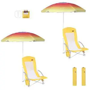 Beach Chair, Beach Chairs for Adults with Umbrella and Cooler, High Back, Cup Holder & Carry Bag & Heavy Duty Compact Outdoor, Camping (Set of Yellow) Beach Chair, Beach Chairs for Adults with Umbrella and Cooler, High Back, Cup Holder & Carry Bag & Heavy Duty Compact Outdoor, Camping (Set of Yellow)