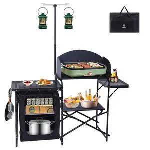 Camping Kitchen Station, Picnic Portable Grill Table, Folding Cook Station Organizers, with Upgrade Light Stand, Windshield, Carry Bag for Outdoor, Beach, Picnic (Black) Camping Kitchen Station, Picnic Portable Grill Table, Folding Cook Station Organizers, with Upgrade Light Stand, Windshield, Carry Bag for Outdoor, Beach, Picnic (Black)