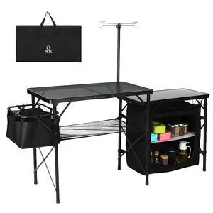 Camping Kitchen Table, Portable Folding Camp Cook Station, Grill Table Compatible with Blackstone Griddles, Storage Organizer, with Light Pole, for Outdoor, Picnic, Beach, RV Traveling (Black) Camping Kitchen Table, Portable Folding Camp Cook Station, Grill Table Compatible with Blackstone Griddles, Storage Organizer, with Light Pole, for Outdoor, Picnic, Beach, RV Traveling (Black)
