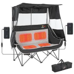 Heated Double Camping Chair with Canopy, Heated Outdoor Sports Folding Bench with Battery, Portable Padded Umbrella Chairs, Couch with Shade, Cup Holder, Cooler Bag, Loveseat For Lawn, Outdoors Heated Double Camping Chair with Canopy, Heated Outdoor Sports Folding Bench with Battery, Portable Padded Umbrella Chairs, Couch with Shade, Cup Holder, Cooler Bag, Loveseat For Lawn, Outdoors