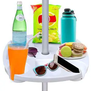17" Beach Umbrella Table Tray with 4 Cup Holders, 4 Snack Compartments for Beach, Patio, Garden, Swimming Pool 17 Inch, White 17" Beach Umbrella Table Tray with 4 Cup Holders, 4 Snack Compartments for Beach, Patio, Garden, Swimming Pool 17 Inch, White