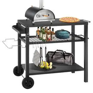 Grill Cart Table with Three Shelf, Movable Outdoor Dining Cart Pizza Oven Stand with Three Hooks, Kitchen Cart Island Multifunction Food Prep Table (Black) Grill Cart Table with Three Shelf, Movable Outdoor Dining Cart Pizza Oven Stand with Three Hooks, Kitchen Cart Island Multifunction Food Prep Table (Black)