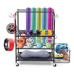Outdoor Toy Storage, Garage Organization, Sports Equipment Organizer, Rolling Garage Storage System, Ball Storage Rack, Yoga Mat Storage with Hooks and Basket (3-Layer) Outdoor Toy Storage, Garage Organization, Sports Equipment Organizer, Rolling Garage Storage System, Ball Storage Rack, Yoga Mat Storage with Hooks and Basket (3-Layer)