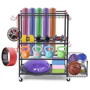 Outdoor Toy Storage, Garage Organization, Sports Equipment Organizer, Rolling Garage Storage System, Ball Storage Rack, Yoga Mat Storage with Hooks and Basket (4-Layer) Outdoor Toy Storage, Garage Organization, Sports Equipment Organizer, Rolling Garage Storage System, Ball Storage Rack, Yoga Mat Storage with Hooks and Basket (4-Layer)