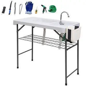 Fish Cleaning Table, Cleaning Station with Sink, Fish Skinning Tables, 42.5'' Filleting Table, Camping Sink Station with Dual Faucet & Spray, Drainage Hoses, Grid Rack, Toolkit for Picnic Fish Cleaning Table, Cleaning Station with Sink, Fish Skinning Tables, 42.5'' Filleting Table, Camping Sink Station with Dual Faucet & Spray, Drainage Hoses, Grid Rack, Toolkit for Picnic