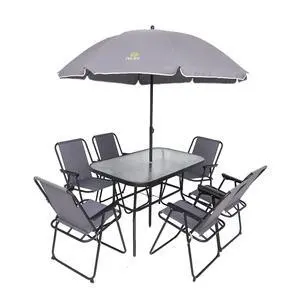 Outdoor Dining Sets, Patio Furniture Set, 8 Piece Set with Umbrella, Garden Outdoor Furniture Table Set with Removable Umbrella, Glass Table, and 6 Folding Chairs (Grey) Outdoor Dining Sets, Patio Furniture Set, 8 Piece Set with Umbrella, Garden Outdoor Furniture Table Set with Removable Umbrella, Glass Table, and 6 Folding Chairs (Grey)