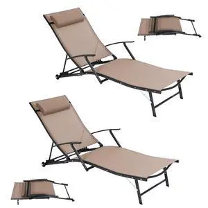 Patio Chaise Lounge with Wheel, Outdoor Lounge with Armrest for Pool, 5 Reclining Positions, with Rolling Wheel for Poolside, Beach, Backyard, Patio (Set of 2, Beige) Patio Chaise Lounge with Wheel, Outdoor Lounge with Armrest for Pool, 5 Reclining Positions, with Rolling Wheel for Poolside, Beach, Backyard, Patio (Set of 2, Beige)