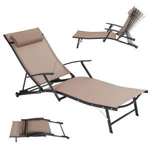 Patio Chaise Lounge with Wheel, Outdoor Lounge with Armrest for Pool, 5 Reclining Positions, with Rolling Wheel for Poolside, Beach, Backyard, Patio (1 Pack, Beige) Patio Chaise Lounge with Wheel, Outdoor Lounge with Armrest for Pool, 5 Reclining Positions, with Rolling Wheel for Poolside, Beach, Backyard, Patio (1 Pack, Beige)