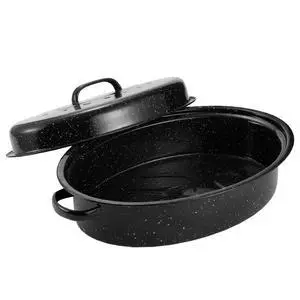 Granite Roasting Pan, Medium 15.7 Enameled Roasting Pan with Domed Lid. Oval Turkey Roaster Pot, Broiler Pan Great for Small Turkey, Chicken, Ham, Dishwasher Safe Fit for Roast Bird by Granite Roasting Pan, Medium 15.7 Enameled Roasting Pan with Domed Lid. Oval Turkey Roaster Pot, Broiler Pan Great for Small Turkey, Chicken, Ham, Dishwasher Safe Fit for Roast Bird by