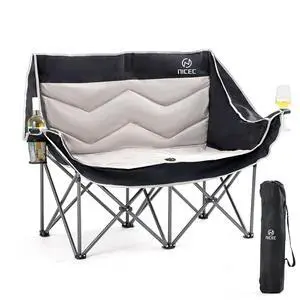 Loveseat Camping Chair, Double Camping Chair, Outdoor Camping Couch, Oversized Folding Bench, Padded Folding Chair for Adults, with Cooler Bag, Wine Glass Holder (Black&Grey) Loveseat Camping Chair, Double Camping Chair, Outdoor Camping Couch, Oversized Folding Bench, Padded Folding Chair for Adults, with Cooler Bag, Wine Glass Holder (Black&Grey)