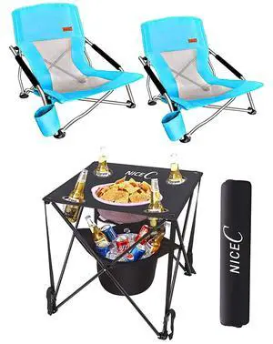 2 Pack Blue Beach Chair + 1 Pack Folding Table with Cooler 2 Pack Blue Beach Chair + 1 Pack Folding Table with Cooler