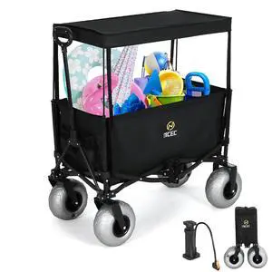 Beach Wagon with Canopy, Beach Cart with Ballon Wheels for Sand, 9'' Big Sand Wheels, 220 lb Capacity, Adjustable Handle, for Camping, Groceries Beach Wagon with Canopy, Beach Cart with Ballon Wheels for Sand, 9'' Big Sand Wheels, 220 lb Capacity, Adjustable Handle, for Camping, Groceries