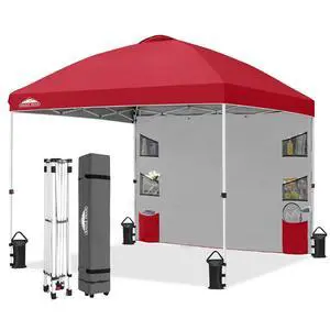 Commercial Canopy 10x10 with Sidewall Storage, Easy OnePerson Setup Pop Up Canopy Tent with Roller Bag, Stakes, Ropes, and Weight Bags, Red Commercial Canopy 10x10 with Sidewall Storage, Easy OnePerson Setup Pop Up Canopy Tent with Roller Bag, Stakes, Ropes, and Weight Bags, Red