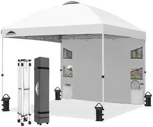 Commercial Canopy 10x10 with Sidewall Storage, Easy OnePerson Setup Pop Up Canopy Tent with Roller Bag, Stakes, Ropes, and Weight Bags, White Commercial Canopy 10x10 with Sidewall Storage, Easy OnePerson Setup Pop Up Canopy Tent with Roller Bag, Stakes, Ropes, and Weight Bags, White