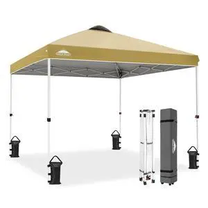 Pop Up Canopy Tent with Wheeled Carry Bag, 8 Stakes, 4 Ropes, 4 Weight Bags, Easy Set Up Tent Canopy, 10x10 ft, 100sqft of Shade, Beige Pop Up Canopy Tent with Wheeled Carry Bag, 8 Stakes, 4 Ropes, 4 Weight Bags, Easy Set Up Tent Canopy, 10x10 ft, 100sqft of Shade, Beige