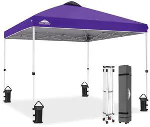 Pop Up Canopy Tent with Wheeled Carry Bag, 8 Stakes, 4 Ropes, 4 Weight Bags, Easy Set Up Tent Canopy, 10x10 ft, 100sqft of Shade, Purple Pop Up Canopy Tent with Wheeled Carry Bag, 8 Stakes, 4 Ropes, 4 Weight Bags, Easy Set Up Tent Canopy, 10x10 ft, 100sqft of Shade, Purple