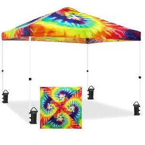 Pop Up Canopy Tent with Wheeled Carry Bag, 8 Stakes, 4 Ropes, 4 Weight Bags, Easy Set Up Tent Canopy, 10x10 ft, 100sqft of Shade, Cosmic Tie Dye Pop Up Canopy Tent with Wheeled Carry Bag, 8 Stakes, 4 Ropes, 4 Weight Bags, Easy Set Up Tent Canopy, 10x10 ft, 100sqft of Shade, Cosmic Tie Dye
