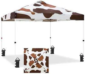 Pop Up Canopy Tent with Wheeled Carry Bag, 8 Stakes, 4 Ropes, 4 Weight Bags, Easy Set Up Tent Canopy, 10x10 ft, 100sqft of Shade, Brown Cow Print Pop Up Canopy Tent with Wheeled Carry Bag, 8 Stakes, 4 Ropes, 4 Weight Bags, Easy Set Up Tent Canopy, 10x10 ft, 100sqft of Shade, Brown Cow Print
