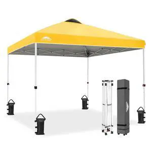 Pop Up Canopy Tent with Wheeled Carry Bag, 8 Stakes, 4 Ropes, 4 Weight Bags, Easy Set Up Tent Canopy, 10x10 ft, 100sqft of Shade, Yellow Pop Up Canopy Tent with Wheeled Carry Bag, 8 Stakes, 4 Ropes, 4 Weight Bags, Easy Set Up Tent Canopy, 10x10 ft, 100sqft of Shade, Yellow
