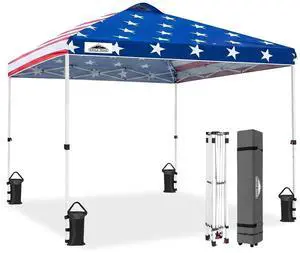 Pop Up Canopy Tent with Wheeled Carry Bag, 8 Stakes, 4 Ropes, 4 Weight Bags, Easy Set Up Tent Canopy, 10x10 ft, 100sqft of Shade, American Flag Pop Up Canopy Tent with Wheeled Carry Bag, 8 Stakes, 4 Ropes, 4 Weight Bags, Easy Set Up Tent Canopy, 10x10 ft, 100sqft of Shade, American Flag