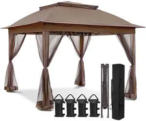 11x11 Pop Up Canopy Tent with Mosquito Netting Screen Tent, Auto Extending Eaves 169 Sq Ft of Shade, Easy One-Person Setup Screened Gazebo for Backyard and Patio, Brown 11x11 Pop Up Canopy Tent with Mosquito Netting Screen Tent, Auto Extending Eaves 169 Sq Ft of Shade, Easy One-Person Setup Screened Gazebo for Backyard and Patio, Brown