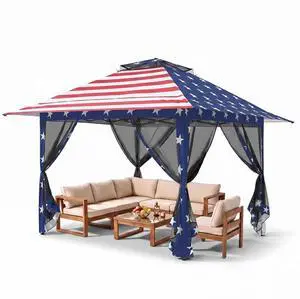 13x13 Pop Up Canopy Tent with Mosquito Netting Screen Tent, Auto Extending Eaves 169 Sq Ft of Shade, Easy One-Person Setup Screened Gazebo for Backyard and Patio, American Flag 13x13 Pop Up Canopy Tent with Mosquito Netting Screen Tent, Auto Extending Eaves 169 Sq Ft of Shade, Easy One-Person Setup Screened Gazebo for Backyard and Patio, American Flag