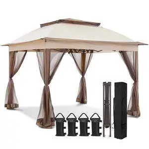 11x11 Pop Up Canopy Tent with Mosquito Netting Screen Tent, Auto Extending Eaves 169 Sq Ft of Shade, Easy One-Person Setup Screened Gazebo for Backyard and Patio, Tan 11x11 Pop Up Canopy Tent with Mosquito Netting Screen Tent, Auto Extending Eaves 169 Sq Ft of Shade, Easy One-Person Setup Screened Gazebo for Backyard and Patio, Tan