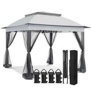 11x11 Pop Up Canopy Tent with Mosquito Netting Screen Tent, Auto Extending Eaves 169 Sq Ft of Shade, Easy One-Person Setup Screened Gazebo for Backyard and Patio, Gray 11x11 Pop Up Canopy Tent with Mosquito Netting Screen Tent, Auto Extending Eaves 169 Sq Ft of Shade, Easy One-Person Setup Screened Gazebo for Backyard and Patio, Gray