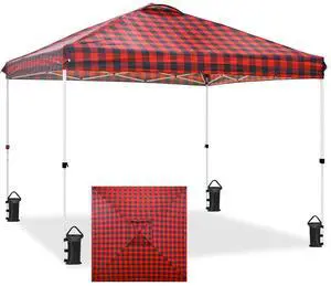 Pop Up Canopy Tent with Wheeled Carry Bag, 8 Stakes, 4 Ropes, 4 Weight Bags, Easy Set Up Tent Canopy, 10x10 ft, 100sqft of Shade, Red Plaid Pop Up Canopy Tent with Wheeled Carry Bag, 8 Stakes, 4 Ropes, 4 Weight Bags, Easy Set Up Tent Canopy, 10x10 ft, 100sqft of Shade, Red Plaid