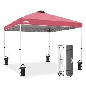 Pop Up Canopy Tent with Wheeled Carry Bag, 8 Stakes, 4 Ropes, 4 Weight Bags, Easy Set Up Tent Canopy, 10x10 ft, 100sqft of Shade, Peach Pink Pop Up Canopy Tent with Wheeled Carry Bag, 8 Stakes, 4 Ropes, 4 Weight Bags, Easy Set Up Tent Canopy, 10x10 ft, 100sqft of Shade, Peach Pink