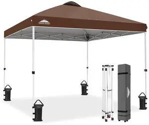 Pop Up Canopy Tent with Wheeled Carry Bag, 8 Stakes, 4 Ropes, 4 Weight Bags, Easy Set Up Tent Canopy, 10x10 ft, 100sqft of Shade, Dark Brown Pop Up Canopy Tent with Wheeled Carry Bag, 8 Stakes, 4 Ropes, 4 Weight Bags, Easy Set Up Tent Canopy, 10x10 ft, 100sqft of Shade, Dark Brown