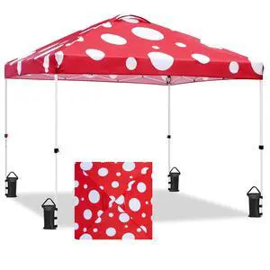 Pop Up Canopy Tent with Wheeled Carry Bag, 8 Stakes, 4 Ropes, 4 Weight Bags, Easy Set Up Tent Canopy, 10x10 ft, 100sqft of Shade, Red Mushroom Pop Up Canopy Tent with Wheeled Carry Bag, 8 Stakes, 4 Ropes, 4 Weight Bags, Easy Set Up Tent Canopy, 10x10 ft, 100sqft of Shade, Red Mushroom