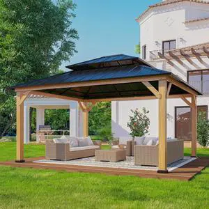 13x15 Hardtop Gazebo, Galvanized Steel Double Roof Gazebo with Cedar Wood Frame, Outdoor Pavilion for Patio, Deck, Lawn and Garden, Natural Wood/Black 13x15 Hardtop Gazebo, Galvanized Steel Double Roof Gazebo with Cedar Wood Frame, Outdoor Pavilion for Patio, Deck, Lawn and Garden, Natural Wood/Black